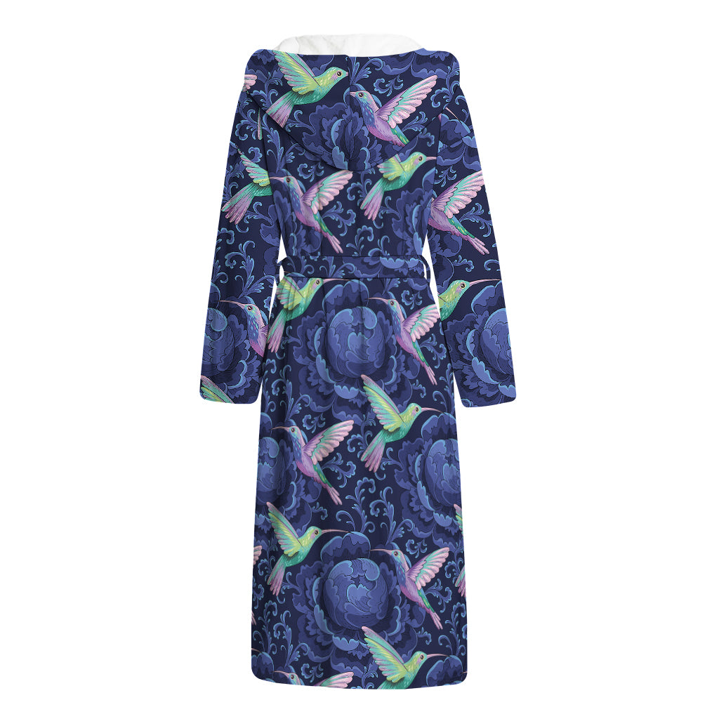 Dark Blue Floral Hummingbird Print Hooded Bathrobe