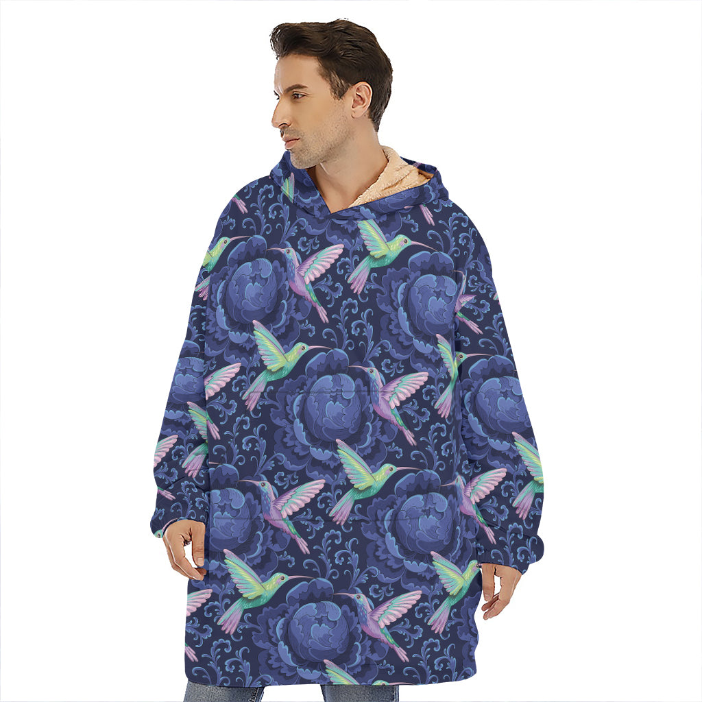 Dark Blue Floral Hummingbird Print Hoodie Blanket