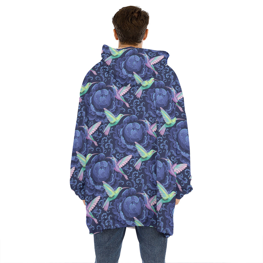 Dark Blue Floral Hummingbird Print Hoodie Blanket