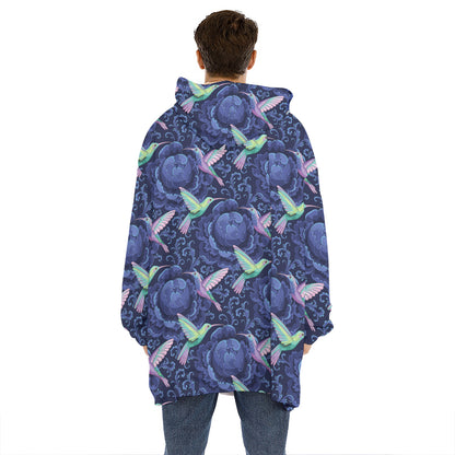 Dark Blue Floral Hummingbird Print Hoodie Blanket