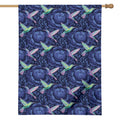 Dark Blue Floral Hummingbird Print House Flag