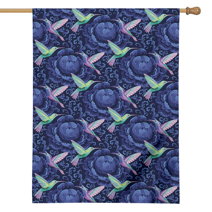 Dark Blue Floral Hummingbird Print House Flag