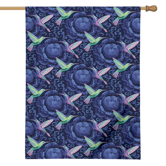Dark Blue Floral Hummingbird Print House Flag