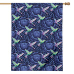 Dark Blue Floral Hummingbird Print House Flag
