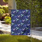 Dark Blue Floral Hummingbird Print House Flag