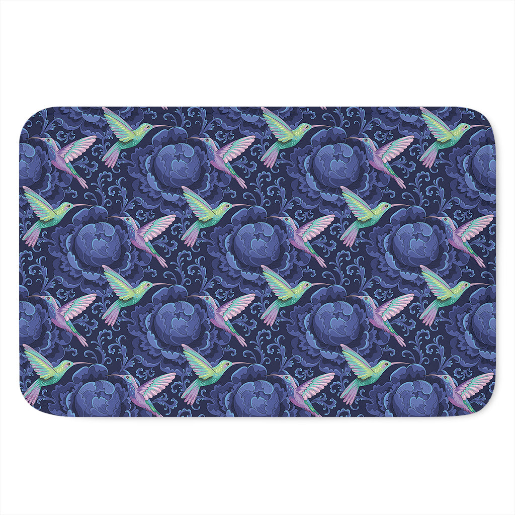 Dark Blue Floral Hummingbird Print Indoor Door Mat