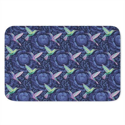 Dark Blue Floral Hummingbird Print Indoor Door Mat