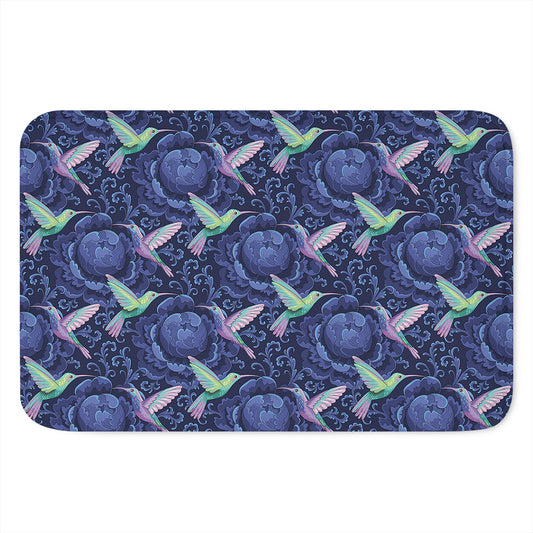 Dark Blue Floral Hummingbird Print Indoor Door Mat