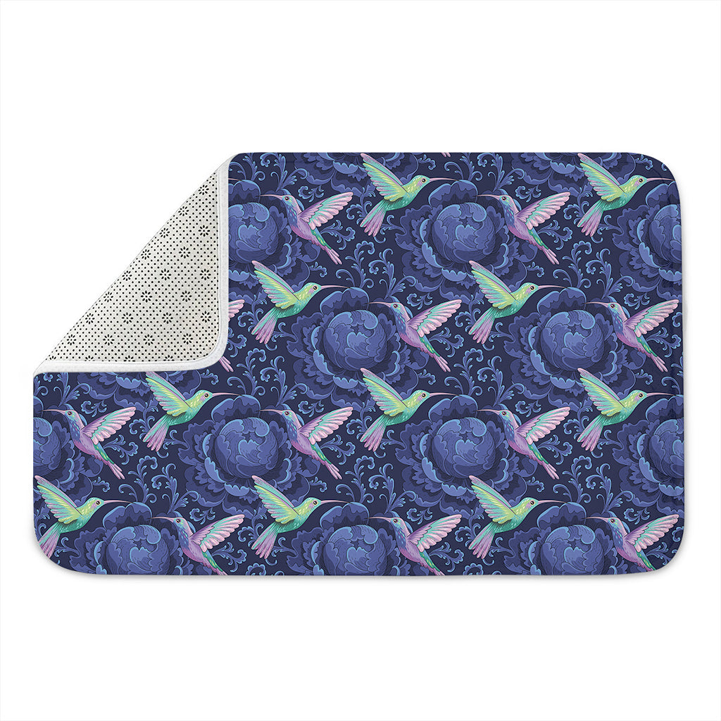 Dark Blue Floral Hummingbird Print Indoor Door Mat