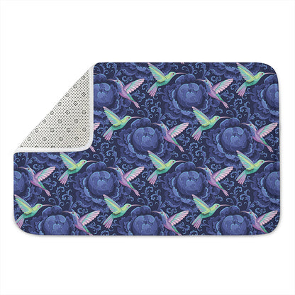 Dark Blue Floral Hummingbird Print Indoor Door Mat