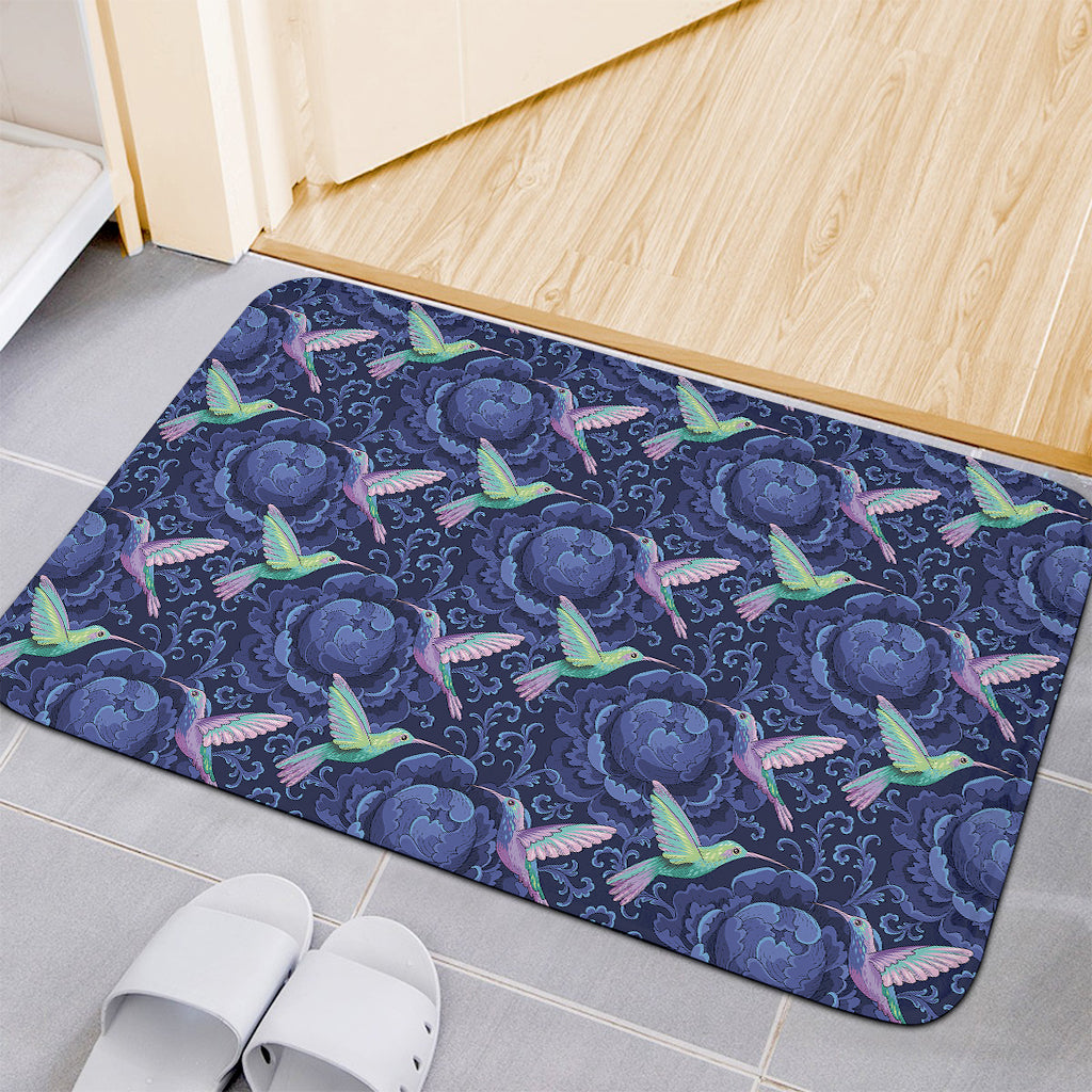 Dark Blue Floral Hummingbird Print Indoor Door Mat
