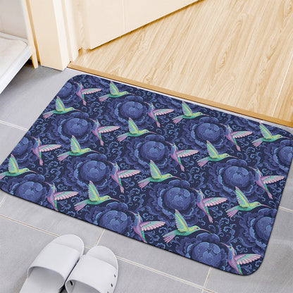 Dark Blue Floral Hummingbird Print Indoor Door Mat
