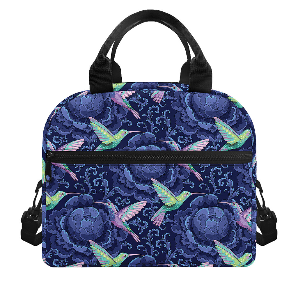Dark Blue Floral Hummingbird Print Insulated Lunch Bag