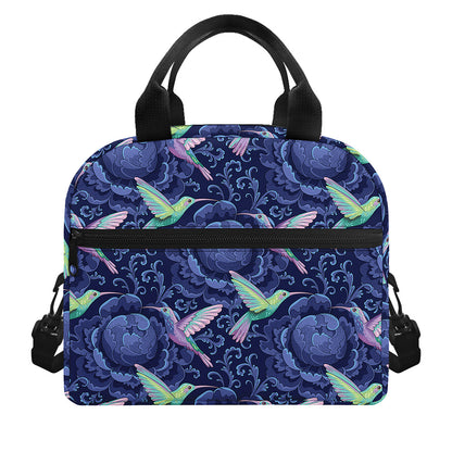 Dark Blue Floral Hummingbird Print Insulated Lunch Bag