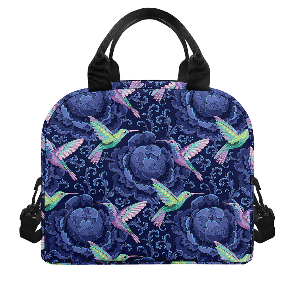 Dark Blue Floral Hummingbird Print Insulated Lunch Bag