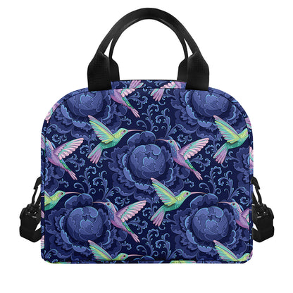 Dark Blue Floral Hummingbird Print Insulated Lunch Bag