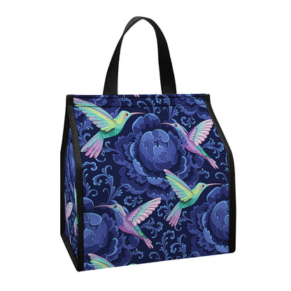 Dark Blue Floral Hummingbird Print Insulated Lunch Tote