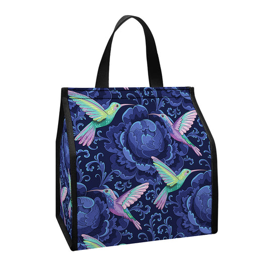 Dark Blue Floral Hummingbird Print Insulated Lunch Tote