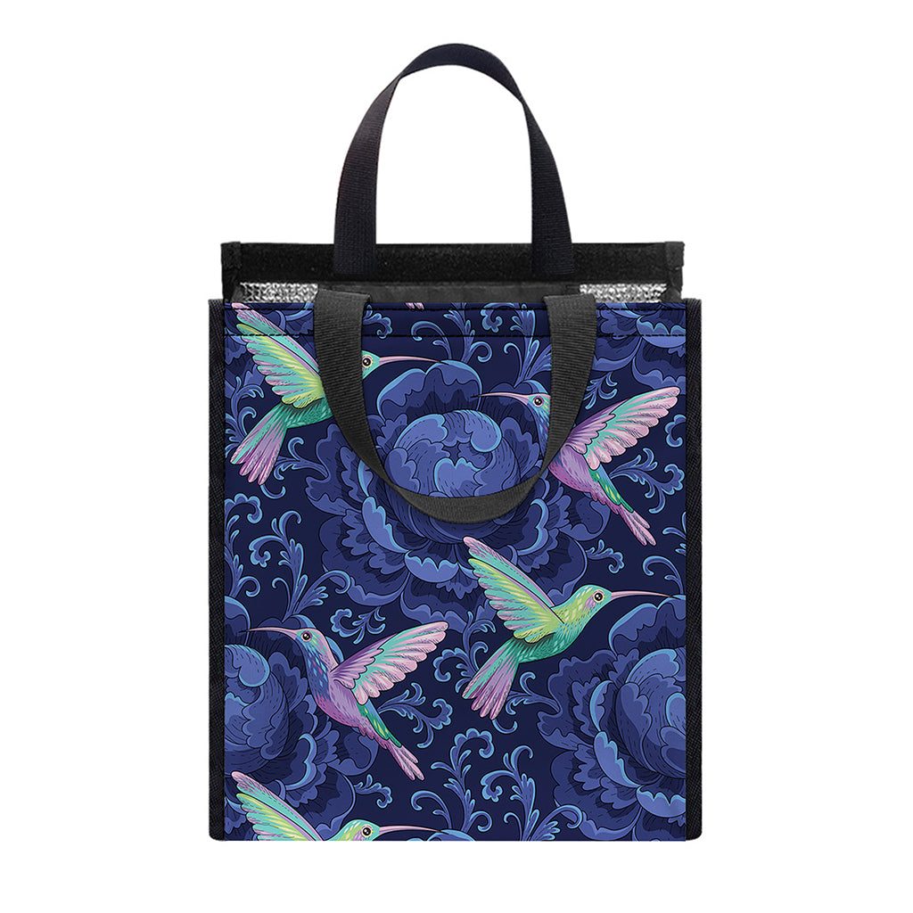 Dark Blue Floral Hummingbird Print Insulated Lunch Tote