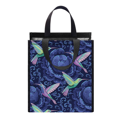 Dark Blue Floral Hummingbird Print Insulated Lunch Tote