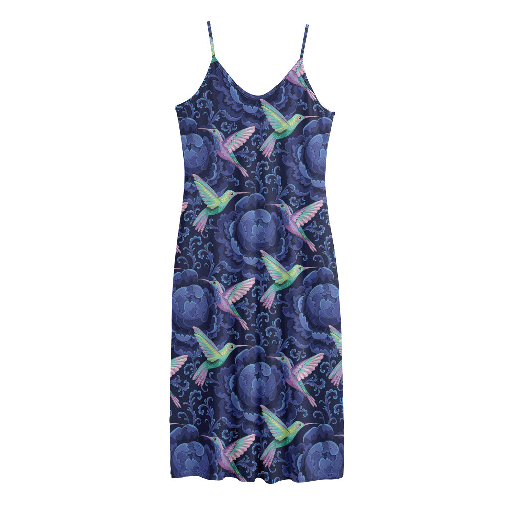 Dark Blue Floral Hummingbird Print Jersey Midi Cami Dress