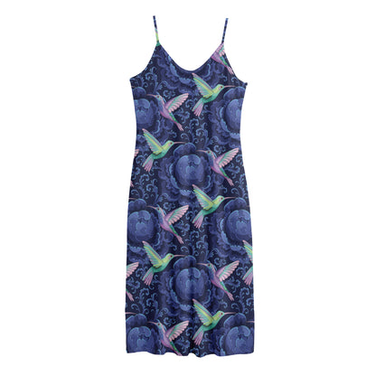 Dark Blue Floral Hummingbird Print Jersey Midi Cami Dress