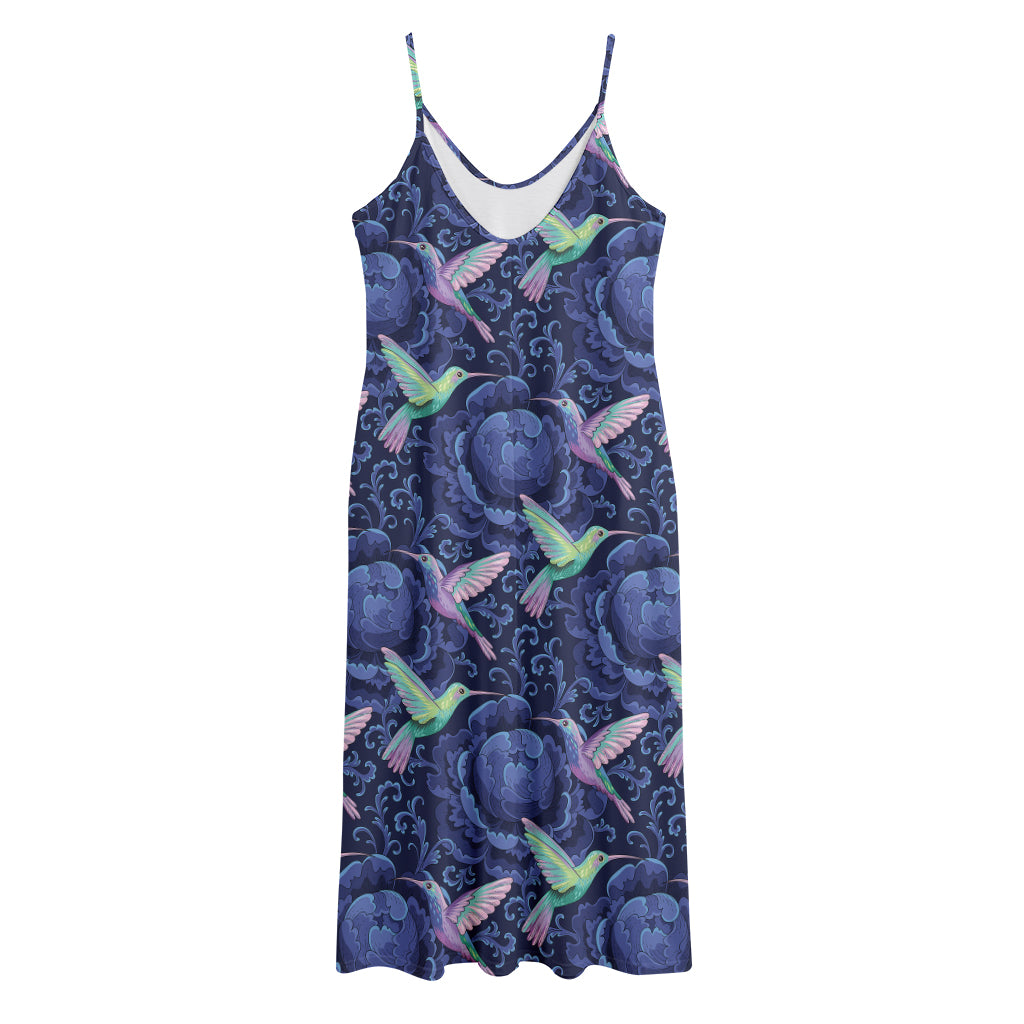 Dark Blue Floral Hummingbird Print Jersey Midi Cami Dress