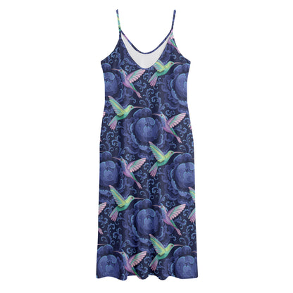 Dark Blue Floral Hummingbird Print Jersey Midi Cami Dress