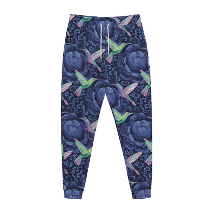 Dark Blue Floral Hummingbird Print Jogger Pants