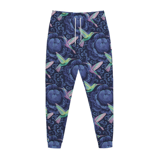 Dark Blue Floral Hummingbird Print Jogger Pants