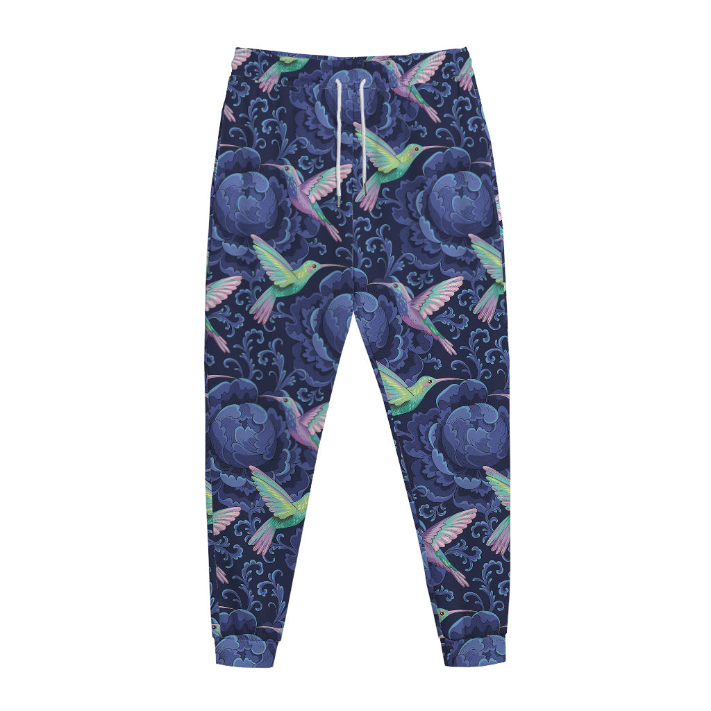 Dark Blue Floral Hummingbird Print Jogger Pants