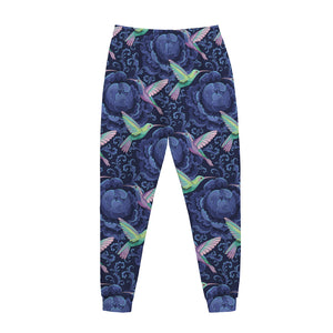 Dark Blue Floral Hummingbird Print Jogger Pants