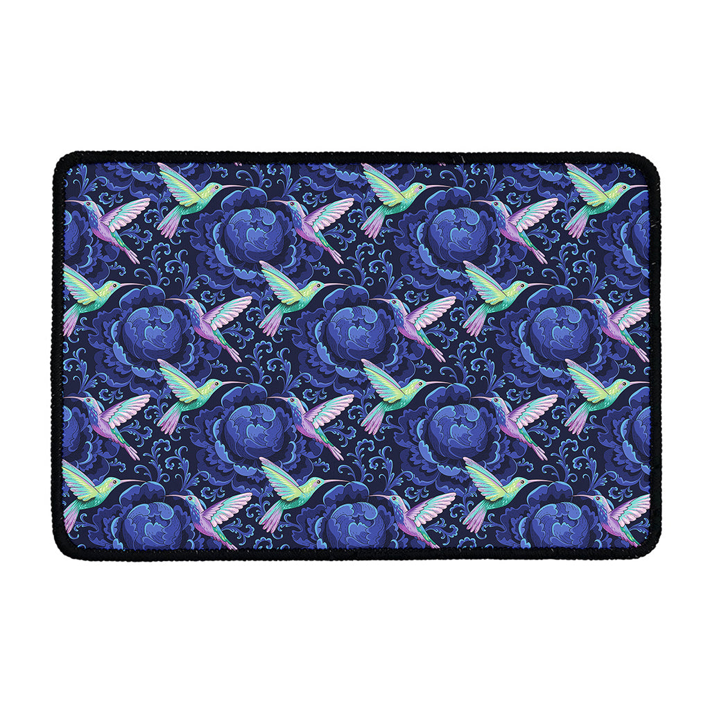 Dark Blue Floral Hummingbird Print Kitchen Mat