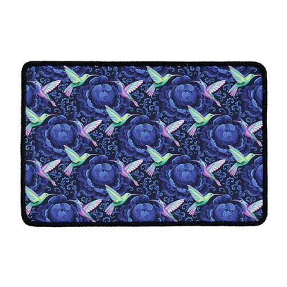 Dark Blue Floral Hummingbird Print Kitchen Mat