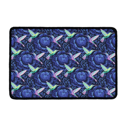 Dark Blue Floral Hummingbird Print Kitchen Mat