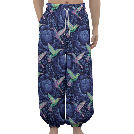 Dark Blue Floral Hummingbird Print Lantern Pants