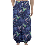 Dark Blue Floral Hummingbird Print Lantern Pants