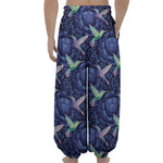 Dark Blue Floral Hummingbird Print Lantern Pants