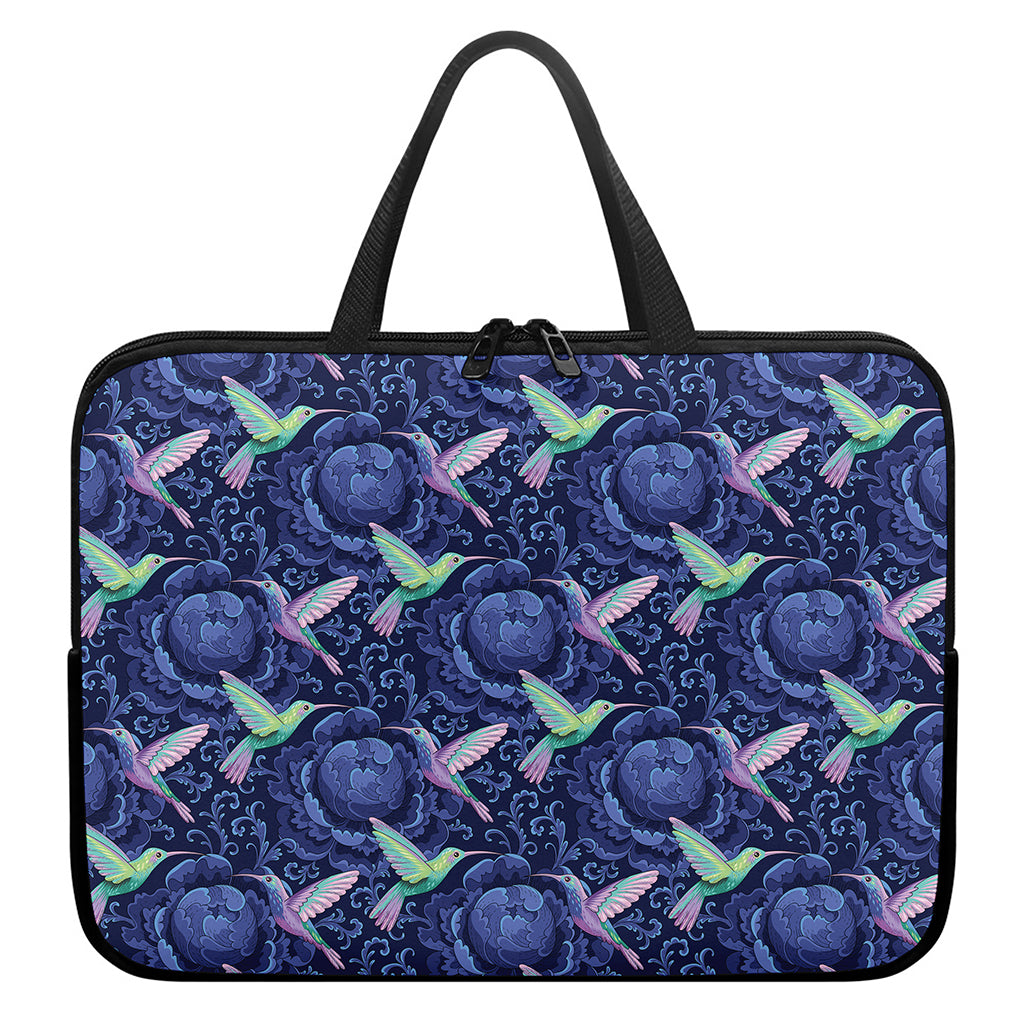 Dark Blue Floral Hummingbird Print Laptop Sleeve With Handle