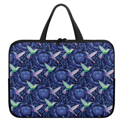 Dark Blue Floral Hummingbird Print Laptop Sleeve With Handle