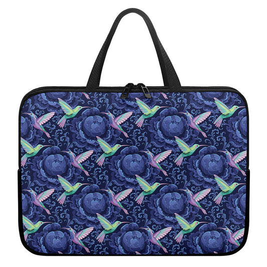 Dark Blue Floral Hummingbird Print Laptop Sleeve With Handle