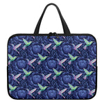 Dark Blue Floral Hummingbird Print Laptop Sleeve With Handle