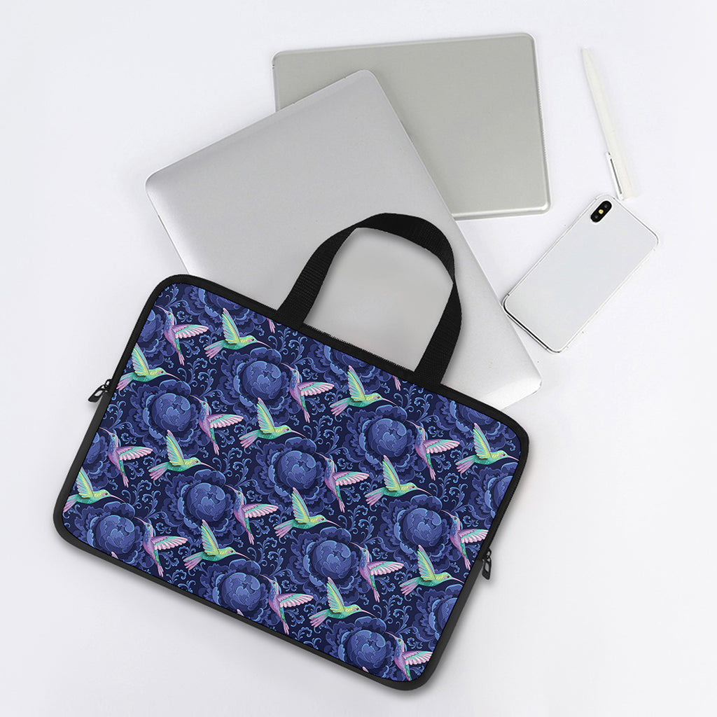 Dark Blue Floral Hummingbird Print Laptop Sleeve With Handle