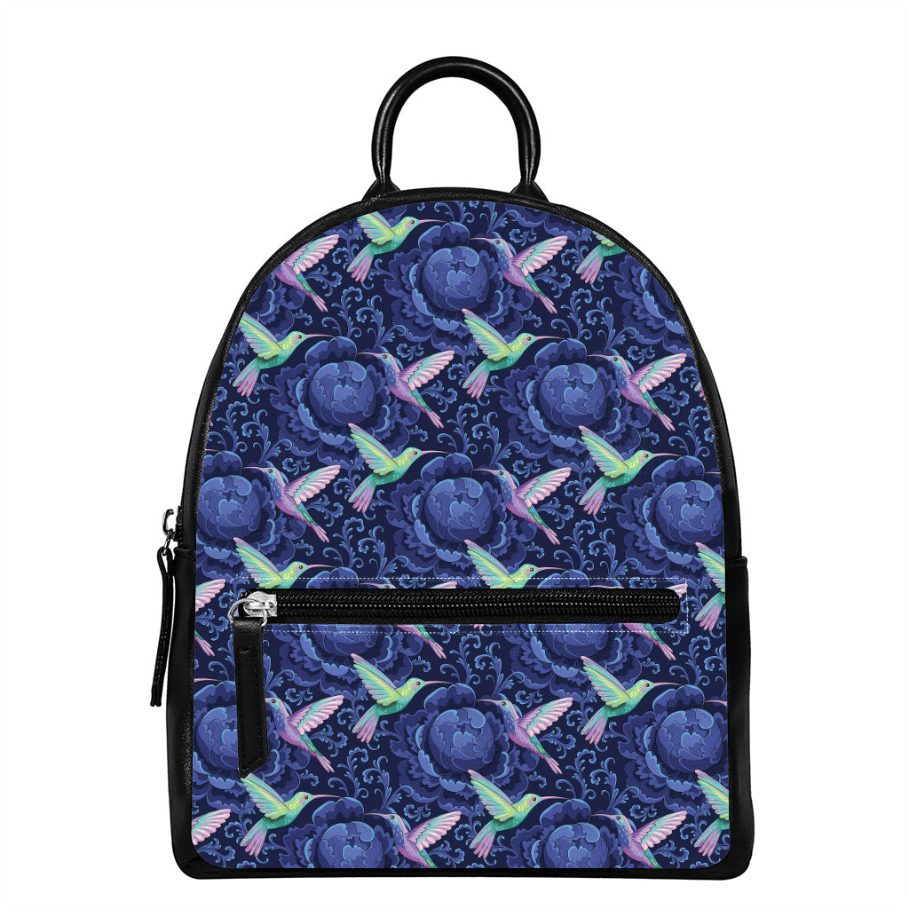Dark Blue Floral Hummingbird Print Leather Backpack