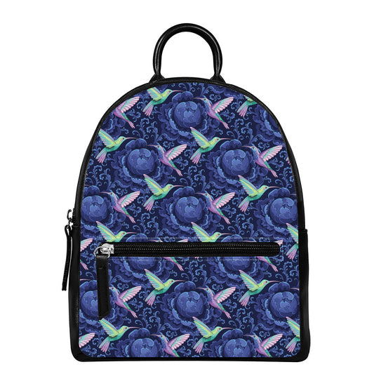 Dark Blue Floral Hummingbird Print Leather Backpack