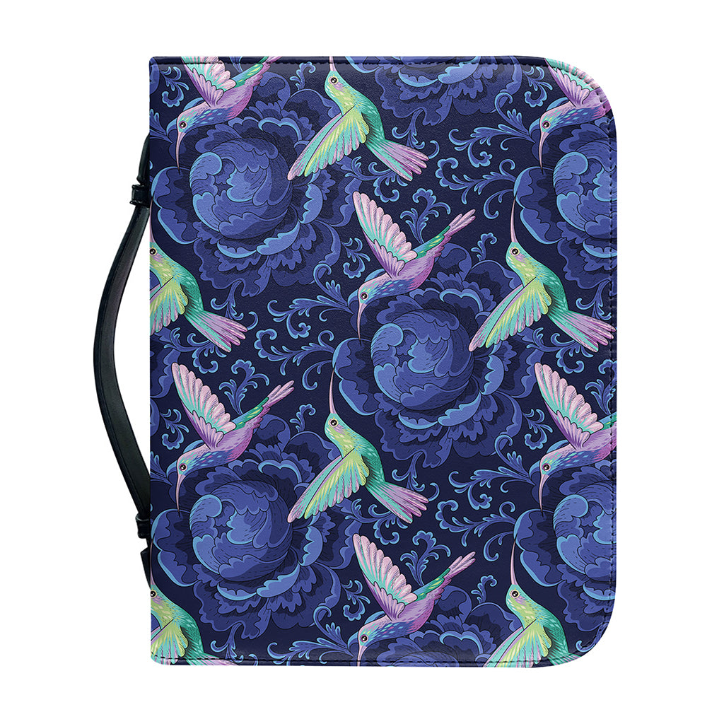 Dark Blue Floral Hummingbird Print Leather Bible Cover