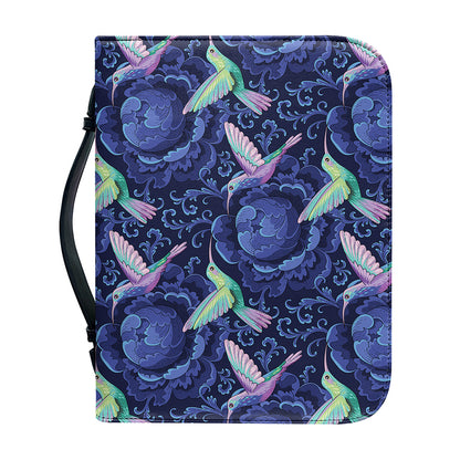 Dark Blue Floral Hummingbird Print Leather Bible Cover