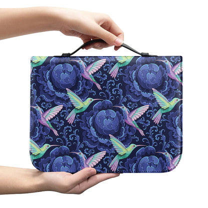 Dark Blue Floral Hummingbird Print Leather Bible Cover