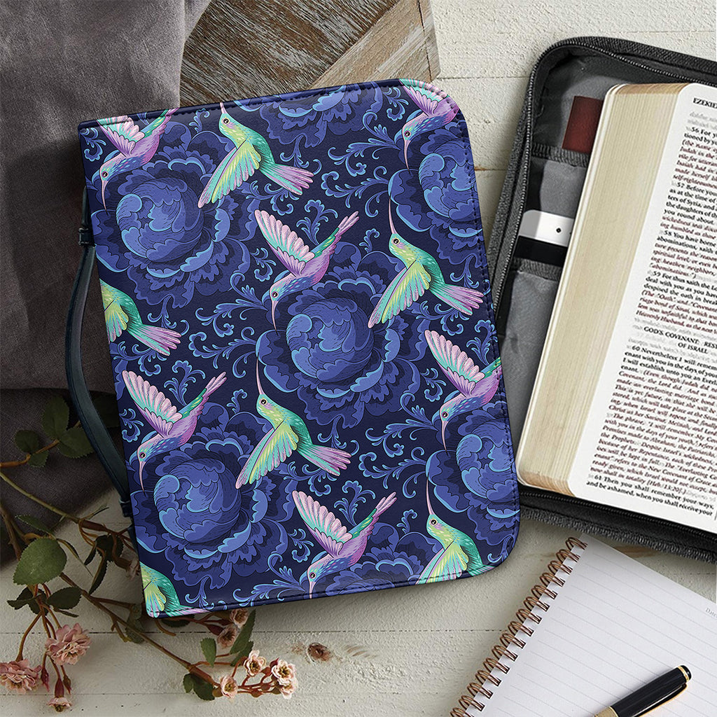 Dark Blue Floral Hummingbird Print Leather Bible Cover