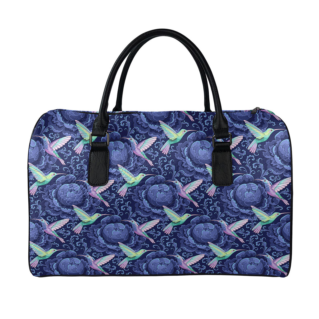 Dark Blue Floral Hummingbird Print Leather Duffle Bag